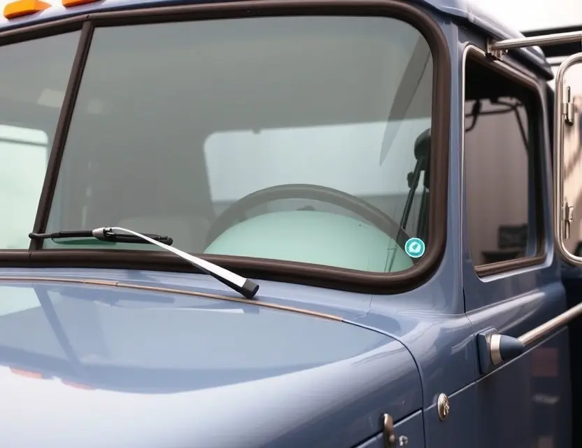A close-up shot of a Bowler Bulldog truck with a replaced windshield. The windshield is clear and new, seamlessly integrated with the truck's design. Focus on the quality of the replacement and the truck's robust appearance.