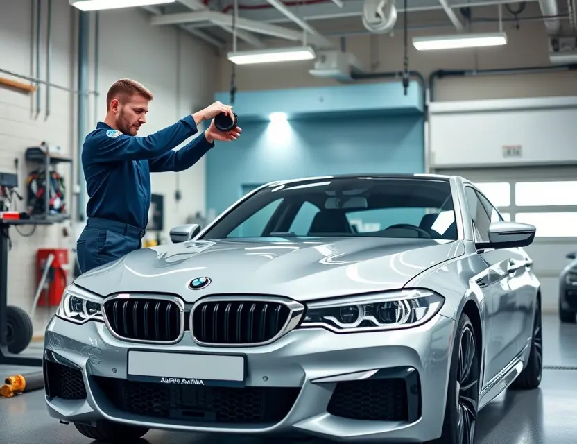 A high-quality image of a professional automotive technician replacing the windshield of an Alpina B5 car in a clean, well-lit garage setting, with tools and new windshield visible, no people in the foreground, focus on the car and the replacement process