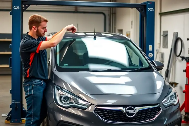 A mechanic in a garage setting replacing the windshield of an Opel Corsa 1.2 Turbo 130 hp (2019–present). The car is on a lift, the old windshield is being removed and the new windshield is being installed. Tools and a clean workspace are visible, but no text, numbers, or logos appear in the scene.