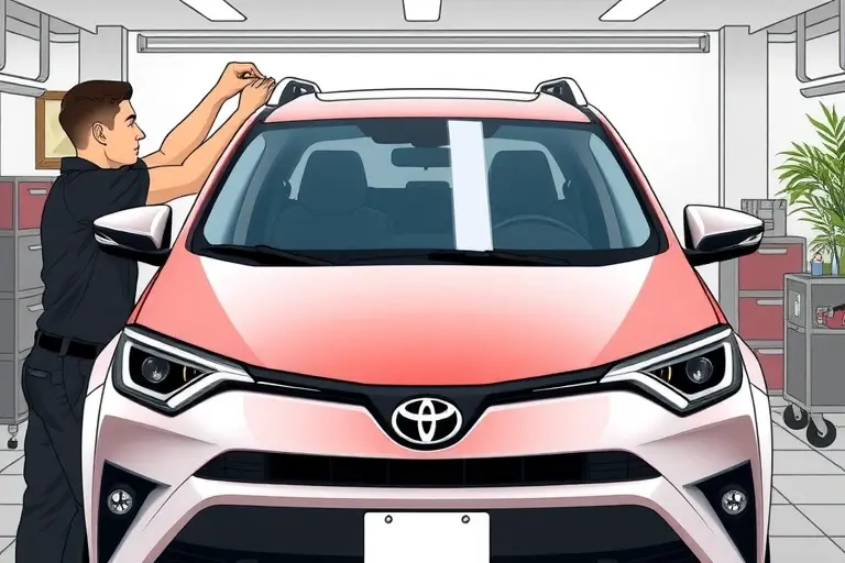 A realistic illustration of a mechanic in a garage replacing the windshield of a 2018 Toyota RAV4 2.0L 173hp. The scene shows the car's front, the old windshield being lifted, a new windshield being positioned, and tools such as a suction cup and adhesive. The focus is on the vehicle and the replacement process, with a clean, well-lit environment. No text, numbers, or logos should be visible.