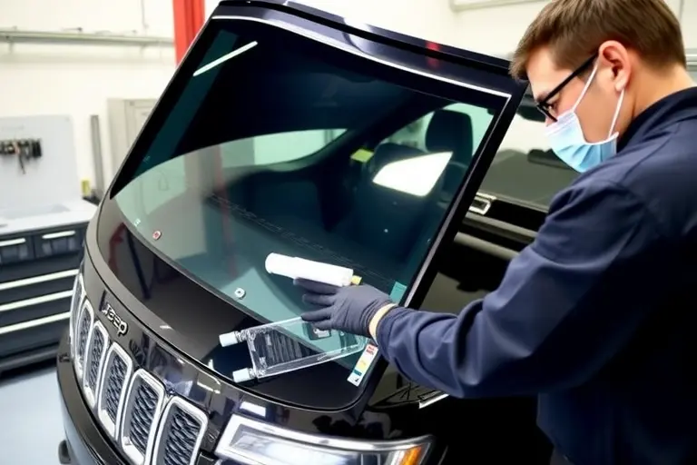 A close-up of a mechanic in a garage, wearing gloves and a protective mask, carefully installing a new windshield on a Jeep Grand Cherokee PHEV 2.0 Turbo. The vehicle is partially lifted on a hydraulic jack, with the old windshield removed and the new one being fitted. Tools such as a suction cup, a sealant gun, and a windshield adhesive are visible. The background shows a clean workshop with a workbench and a toolbox. The focus is on the detailed process of windshield replacement, highlighting the clear glass, the vehicle's front fascia, and the mechanic's hands.