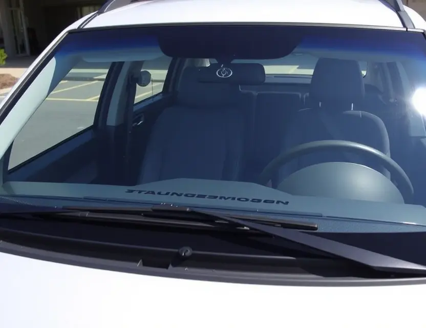 A SsangYong KG Mobili with a replaced windshield, showcasing the new glass. The car is parked outdoors on a sunny day. Focus on the clarity and quality of the replacement windshield.