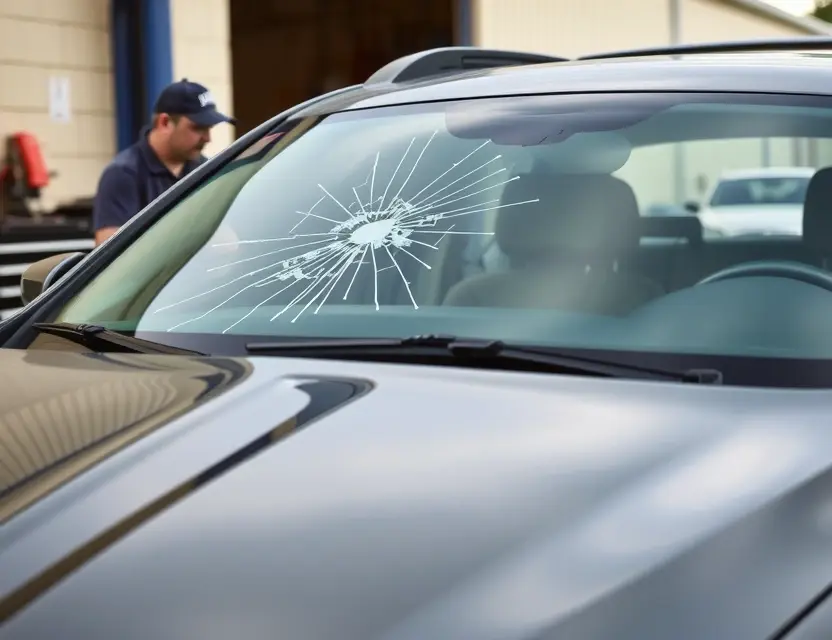 A high-quality image depicting a Chrysler vehicle with a cracked windshield undergoing a windshield replacement. The scene should be outdoors, with a mechanic working on the vehicle. Focus on the replacement process and the new windshield being installed.