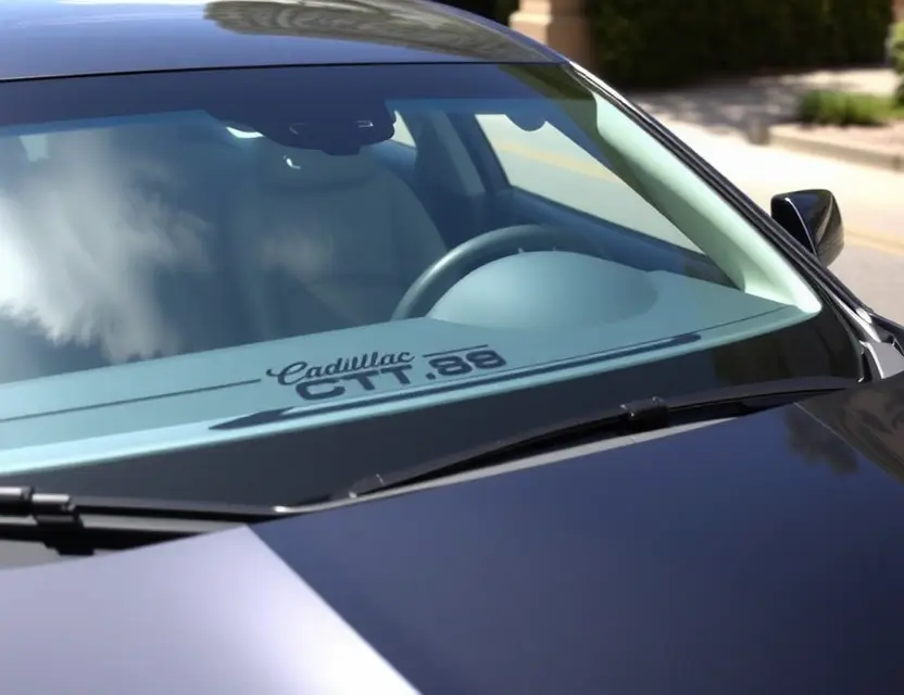 A Cadillac CT6 with a replaced windshield, showcasing the new glass. The car is parked outdoors on a sunny day. Focus on the clarity and quality of the replacement windshield.