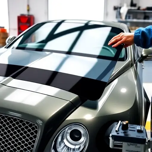 A detailed close-up of a Bentley Continental GT 6.0 L W12 590 hp with its windshield partially removed, showing the interior of the car's front, a mechanic's hands holding a new windshield, tools on a workbench, and a clean, well-lit garage setting