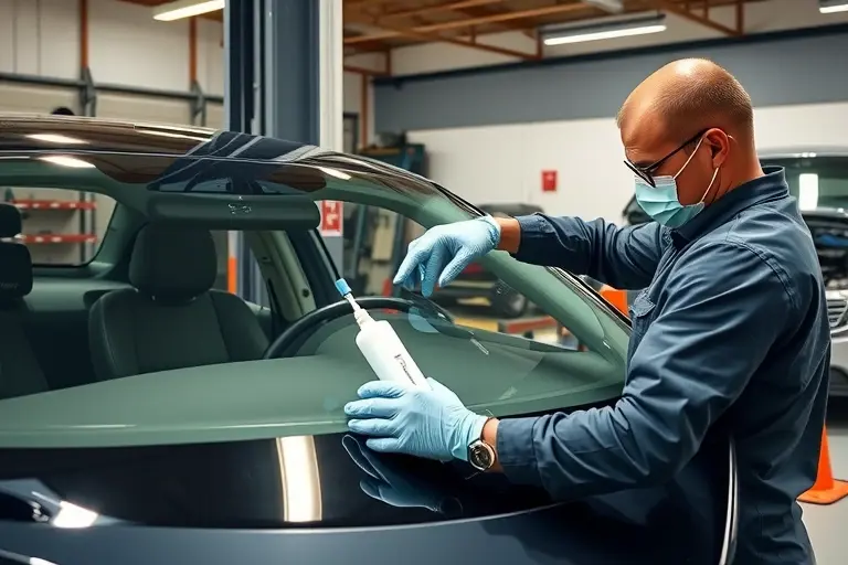 A detailed, realistic scene of a mechanic in a modern garage replacing the windshield of a 2022 Honda Civic 2.0 Hybrid 200 hp. The image should show the car on a lift, the old windshield removed, a new clear glass panel being fitted, the mechanic wearing protective gloves and a face mask, using specialized tools such as a suction cup, a sealant dispenser, and a small brush. The background should include a neatly organized workbench with automotive parts, a safety cone, and a subtle reflection of the car’s sleek body. The lighting is bright and focused, highlighting the glass and the mechanic’s hands in action, with a clear, high-resolution finish.