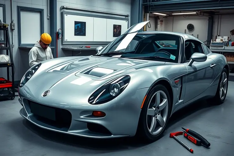 A high‑detail scene of a TVR Sagaris 4.0 R6 Speed Six 380 hp in a professional garage, with a mechanic in protective gear carefully removing the old windshield and positioning a brand‑new glass windshield for installation. The car is shown from a slightly angled side view to highlight the sleek body lines and the open front area, with tools, a clean workbench, and subtle lighting emphasizing the glossy paint and the clear glass. The focus is on the windshield replacement process, with no logos, text, or unrelated objects.