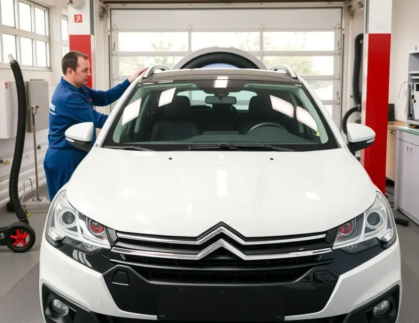 Замена лобового стекла Citroën C5 X A Citroën C5 X with a new windshield being installed by a professional technician in a clean automotive service center, showing the vehicle's front view with no damage or old glass visible, natural lighting, high detail
