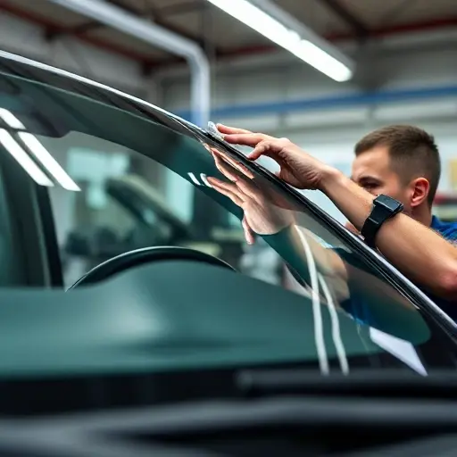 Замена лобового стекла Auto Avia Costruzioni A close-up view of a car windshield being replaced in a professional auto repair shop, showing a technician carefully installing a new windshield on a vehicle with the Auto Avia Costruzioni logo visible on the workbench or uniform, tools like suction cups and adhesive applicators in use, clean and well-lit garage environment, focus on precision and craftsmanship