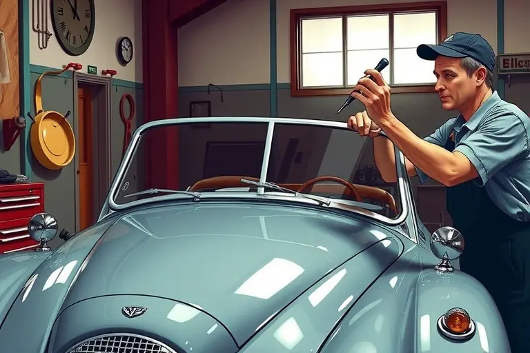 A detailed illustration of a classic 1950s Alvis TD 3.0 L R6 automobile in a workshop, with a skilled mechanic carefully removing the old windshield and installing a new one. The scene shows the car's sleek vintage body, the open hood, and the windshield frame, with tools such as a suction cup and screwdriver visible. Emphasize realistic lighting, metal textures, and the vintage atmosphere of a mid‑century garage.