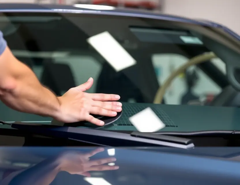 A close-up shot of a RAM 1500 truck windshield being replaced by a technician. The focus should be on the hands of the technician working on the glass and the replacement windshield. The background should be a garage or workshop setting.