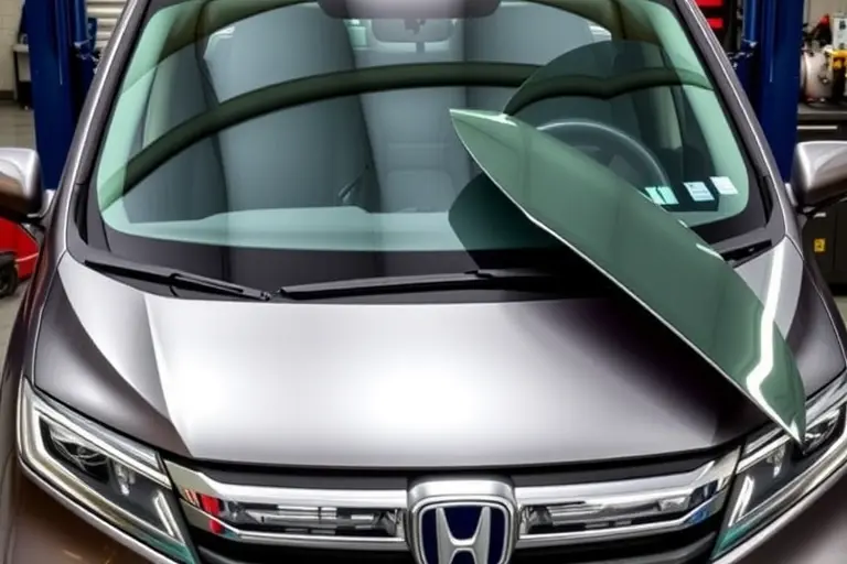 A close-up scene of a mechanic replacing the windshield of a 2018 Honda Odyssey V6, showing the car’s front, the new glass in place, tools on a workbench, and a partially removed old windshield, with clear view of the car’s interior and exterior, no text or numbers in the image