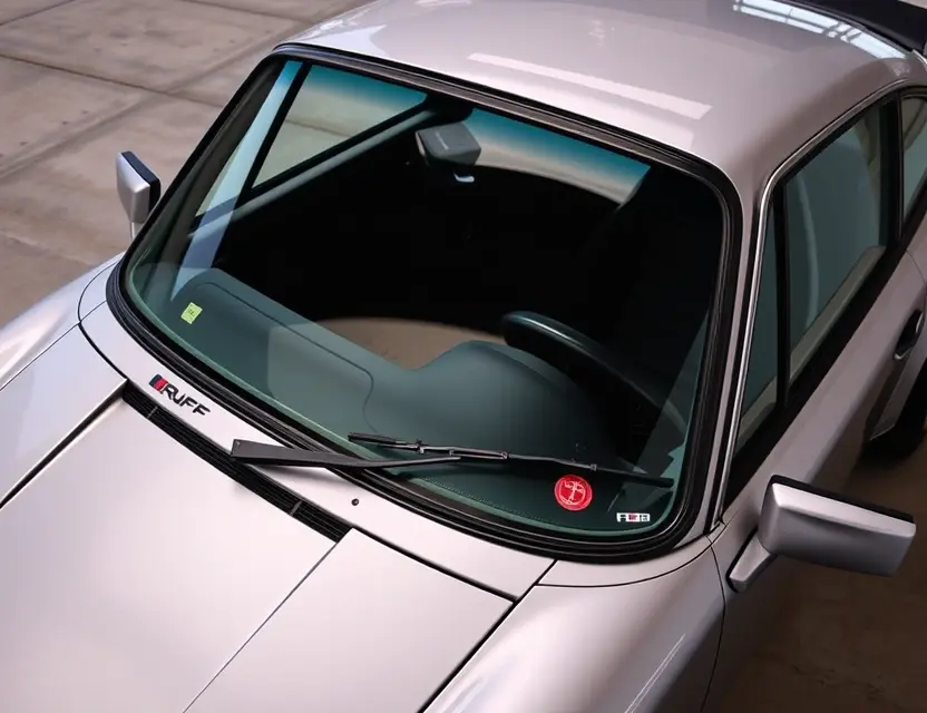 A high-quality, detailed image of a Ruf CTR Anniversary car with a replaced windshield. The car should be parked on a clean, paved surface, possibly in a garage or showroom setting. The replaced windshield should be seamlessly integrated with the original glass, showing no visible seams or imperfections. The lighting should be bright and even, highlighting the car's sleek design.