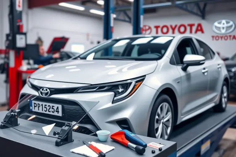 A detailed workshop scene showing a mechanic replacing the windshield on a 2018 Toyota Corolla E210 1.5L 125hp. The car is parked on a service platform, the old windshield is removed, a new clear glass panel is being fitted. Tools such as a suction cup, a glass cutter, and a cleaning kit are on a workbench. The background shows a clean automotive repair bay with a subtle hint of a Toyota logo. The focus is on the car, the windshield, and the replacement process, with realistic lighting and depth of field.