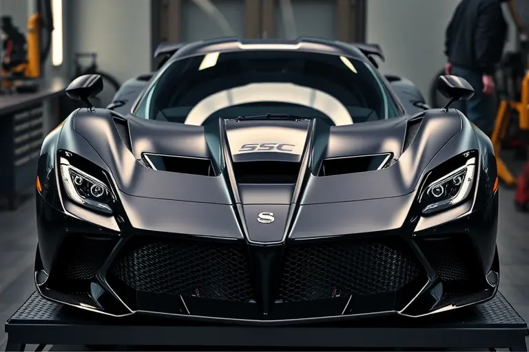 A detailed, realistic depiction of a high-performance sports car, the SSC Tuatara 5.9 V8 Twin Turbo 1350 hp, undergoing a windshield replacement. The scene shows the car on a clean, well-lit workbench with the original windshield removed and a new, clear glass panel being fitted. The focus is on the precision of the replacement process, with close-up shots of the car's front fascia, the new glass panel, and the specialized tools and equipment used. The background should be a professional automotive repair environment, with subtle shadows and lighting that highlight the sleek lines of the car and the clarity of the glass. No text, letters, or numbers should be visible in the image.
