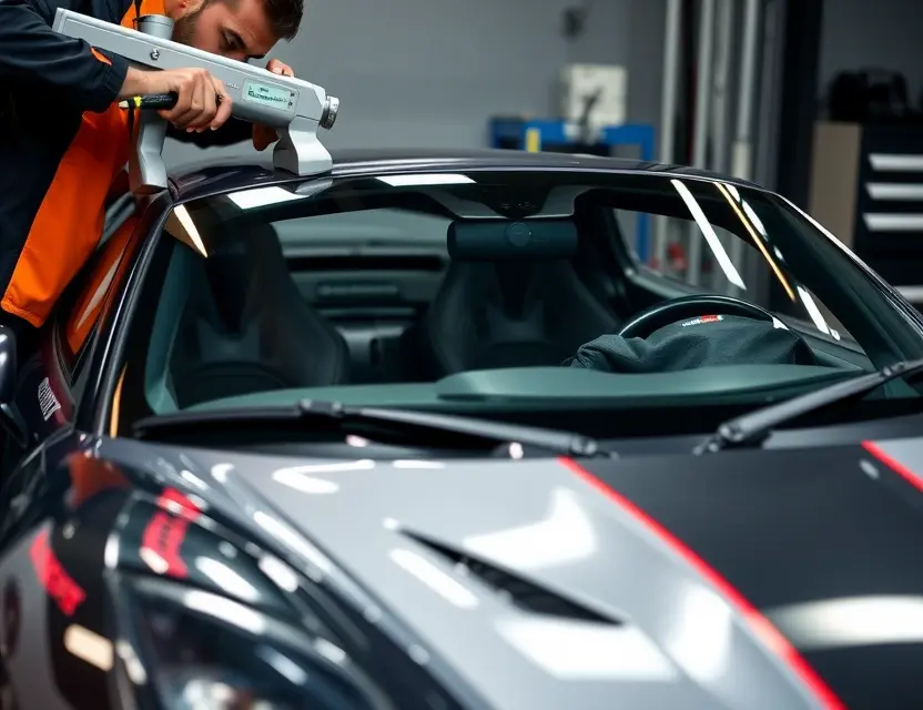 Замена лобового стекла Ginetta G55 A detailed view of a professional technician replacing the windshield of a Ginetta G55 sports car. The car should be in a well-lit garage or workshop, with the technician using specialized tools to carefully remove the old windshield and install the new one. The car's sleek design and aerodynamic features should be visible.