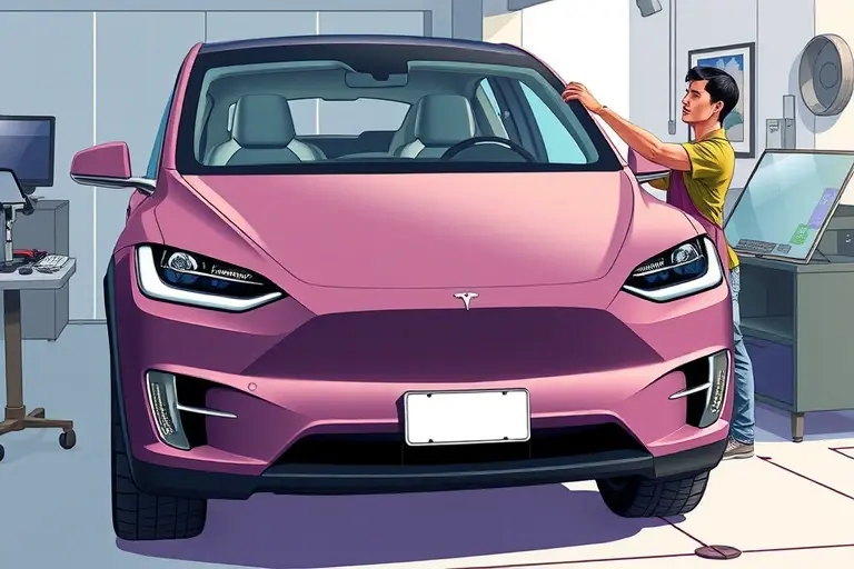 A detailed illustration of a Tesla Model X Plaid with a technician installing a new windshield. The scene shows the car's front, the technician in a work apron, a set of automotive tools, the new windshield on a stand, and a clean, modern garage environment. The focus is on the precision of the replacement process, highlighting the sleek design of the Tesla's front fascia and the high-quality glass.