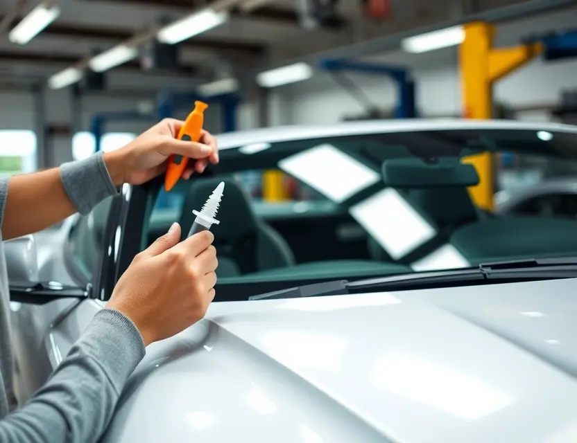 A close-up shot of an Aston Martin V8 Vantage windshield being replaced in a professional auto repair shop. Focus on the hands of a technician carefully removing the old windshield and installing a new one. Tools like suction cups and specialized adhesives should be visible. The background should show a clean, well-lit workshop environment with automotive equipment.