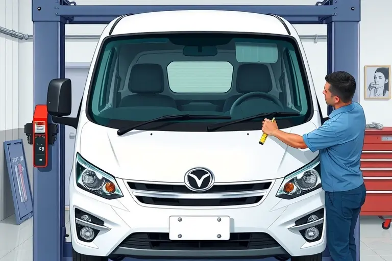 A detailed, realistic illustration of a mechanic replacing the windshield on a Changan Eado Plus 1.6 L 128 hp (2020 model). The scene shows the car lifted on a hydraulic lift, the old windshield removed, the new windshield being fitted, with tools such as a suction cup, a sealant dispenser, and a cleaning cloth. The background is a workshop with a workbench, a car jack, and a toolbox. The focus is on the car's front, the windshield area, and the mechanic's hands, with a clear view of the car's body and the new glass. The lighting is bright and evenly distributed, highlighting the glass clarity and the mechanic's precise work. No text or lettering should appear in the image.