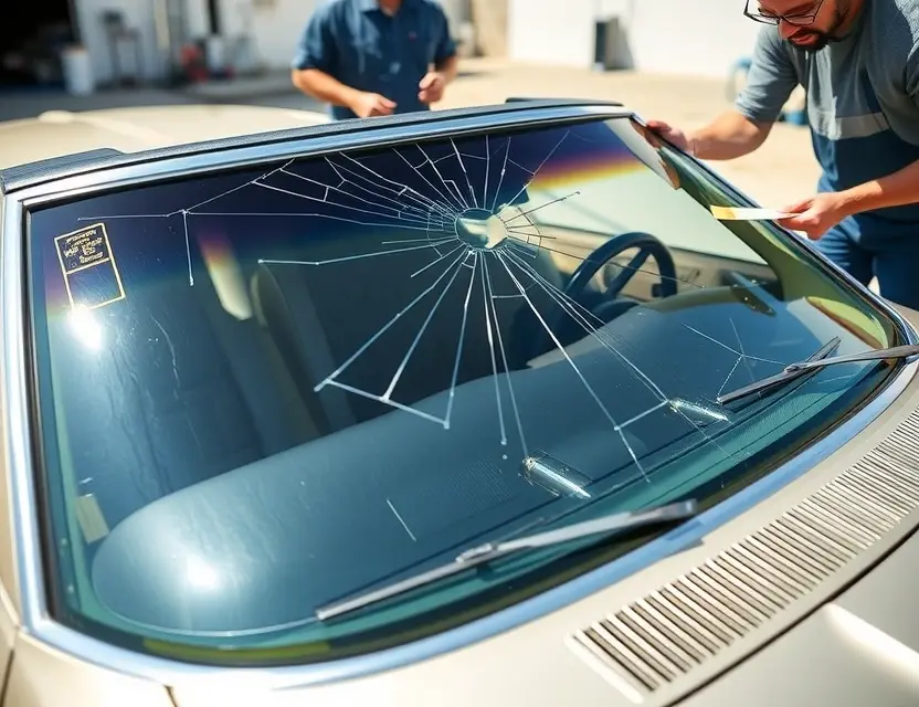 A Mercury Cougar with a cracked windshield being replaced by a mechanic. The car is parked outdoors on a sunny day. The replacement process is visible, showing the new windshield being installed. Focus on the mechanics and the replacement process.