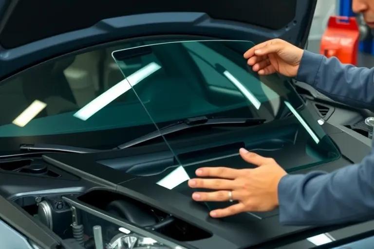 A detailed close-up of a mechanic replacing the windshield on a Kepler Motion hybrid 3.5 V6 Twin Turbo car. The scene shows the car's hood open, the old windshield removed, a new clear glass panel being fitted, with tools and a protective cover in the background. The focus is on the glass, the car's front fascia, and the mechanic's hands, all in a realistic, high-resolution style.