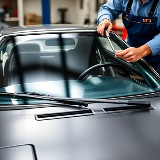 A close-up of a 1979–1988 Bertone X1/9 car's front windshield being replaced, showing the car's front profile, the new glass panel, and a mechanic's hands holding tools, with a workshop background