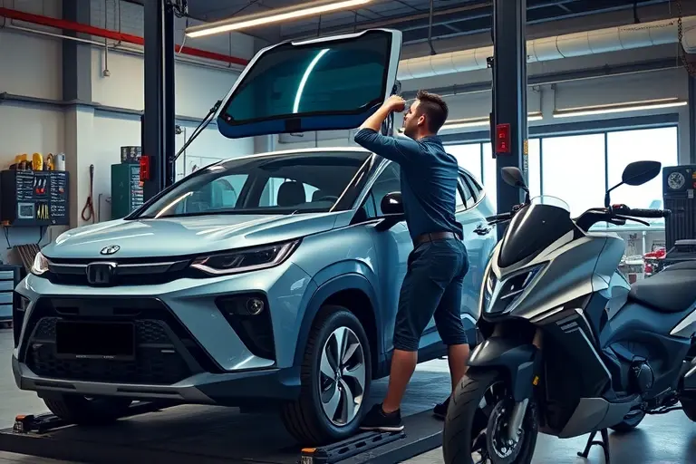 A detailed, realistic scene of a mechanic in a workshop replacing the windshield of a Lynk & Co 01 PHEV 1.5T. The car is positioned on a lift with the old glass removed and the new windshield being installed. A sleek electric motorcycle is parked beside the car, its battery pack visible. The setting is a well-lit, modern automotive repair shop with tools and safety equipment in the background. The focus is on the precision of the replacement process and the contrast between the car and the motorcycle.