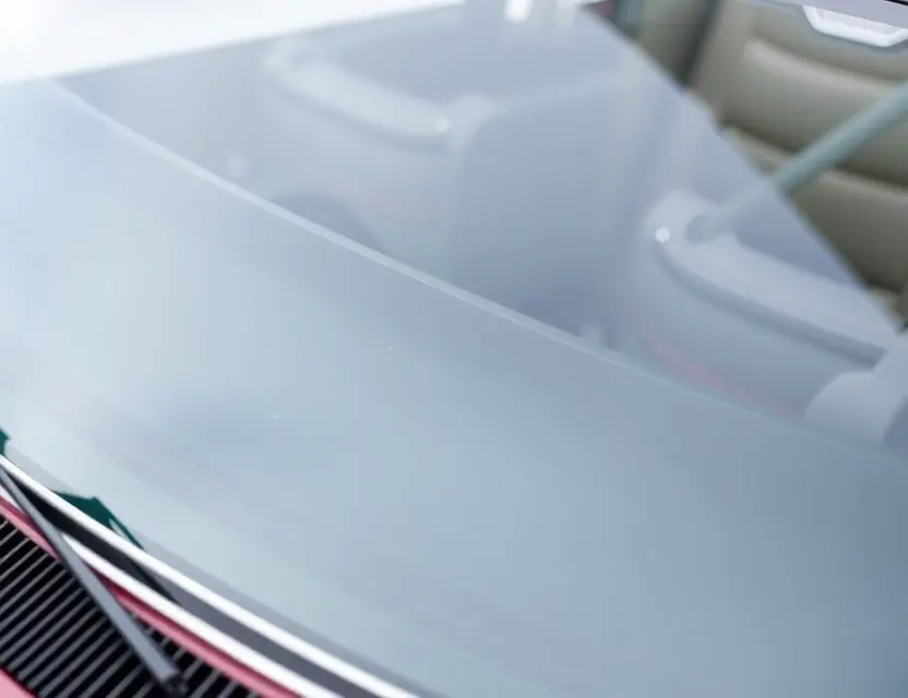 A close-up shot of an Iso Rivolta car with a replaced windshield, showcasing the new glass. The car should be parked on a clean, slightly reflective surface. Focus on the clarity and quality of the replacement windshield.