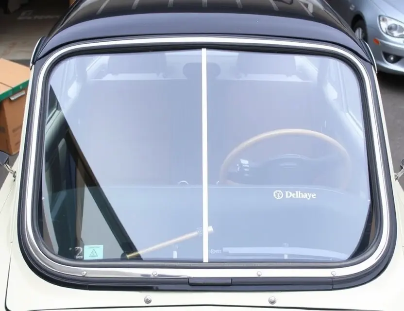A Delahaye car with a replaced windshield, showcasing the new glass. The car is parked outdoors, possibly in a garage or on a street. Focus on the clarity and quality of the replacement windshield.