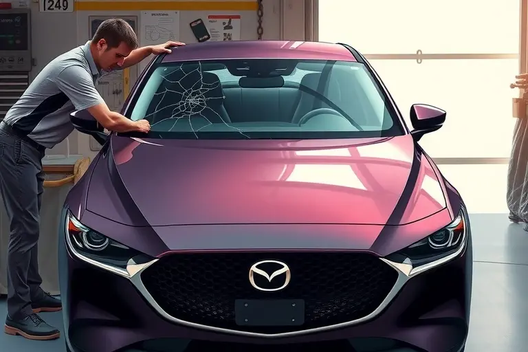 A detailed, realistic illustration of a mechanic replacing the windshield of a 2020 Mazda 3 2.5 Turbo. The scene shows the car in a garage, the old cracked windshield removed, a new clear glass panel being fitted, with tools and a protective cover. The focus is on the car's front, the replacement process, and the surrounding workshop environment.