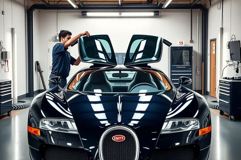 A high‑detail scene of a luxury automotive workshop where a Bugatti Veyron is being serviced. The focus is on a technician carefully removing the old windshield and installing a new one. The car is positioned centrally, showcasing its sleek silhouette, with the open cabin revealing the interior. The workshop is clean and well‑lit, with professional tools and equipment visible, but no logos, text, or numbers. The atmosphere conveys precision and high‑end automotive craftsmanship.