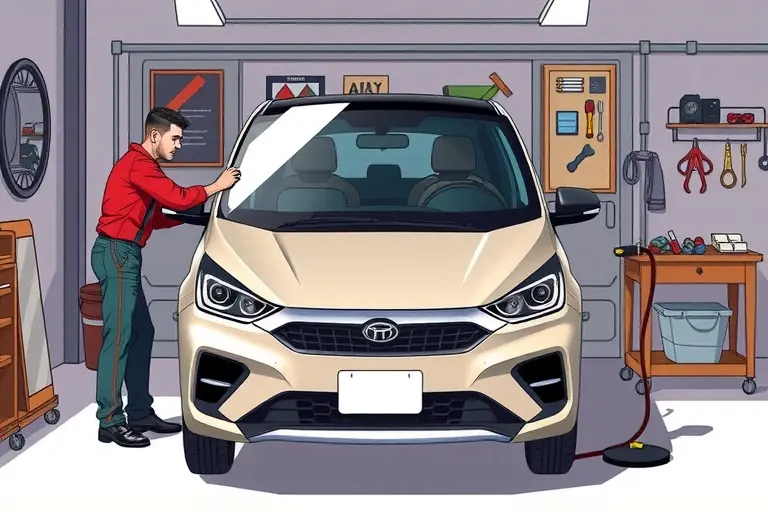 A detailed illustration of a mechanic replacing the windshield of a 2022 Chery Arrizo 8 2.0 Turbo 254 hp, showing the car's front side, the old windshield removed, a new windshield being fitted, tools and a workbench in a garage setting.