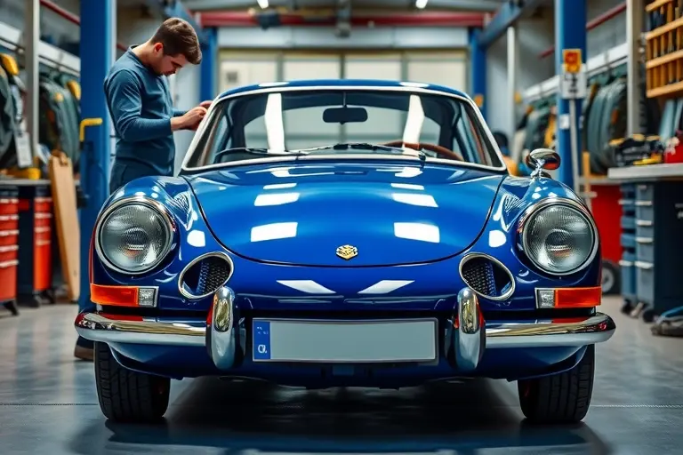 A classic Alpine A110 sports car with a 1.6 R4 engine, depicted in a professional workshop where a mechanic is carefully removing the old windshield and installing a new one. The scene focuses on the car's front, the windshield area, and realistic tools, with a clean, high‑detail realistic rendering.