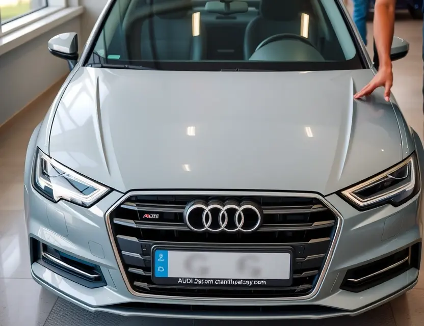 A high-quality image of a modern Audi A3 car with a clear view of its front windshield, showing a professional glass replacement service in action, with clean lighting and detailed automotive aesthetics, no text or numbers visible