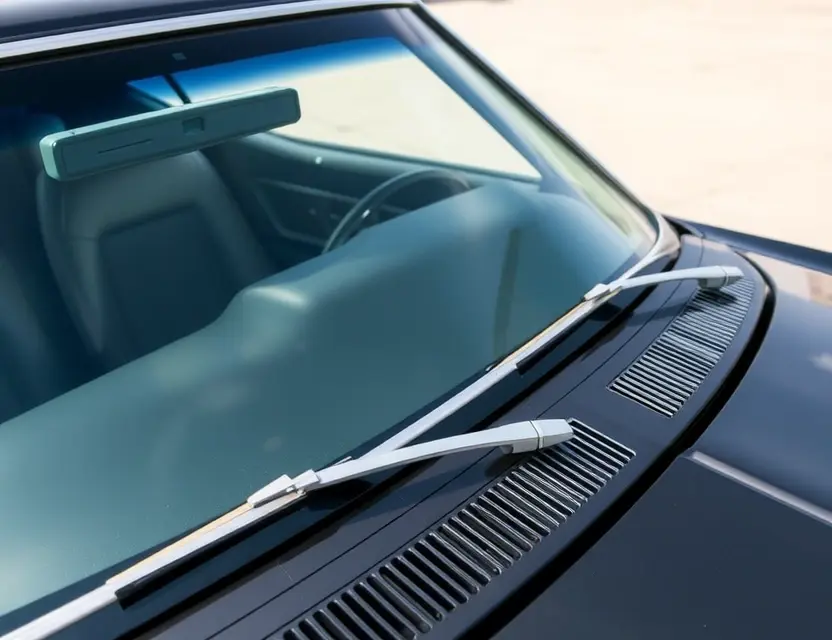 A high-quality image depicting a Vandenbrink GTO with a replaced windshield. The windshield is clear and new, seamlessly integrated with the car's design. The car is parked outdoors on a clean, bright day. Focus on the detail of the replacement and the overall aesthetic of the vehicle.