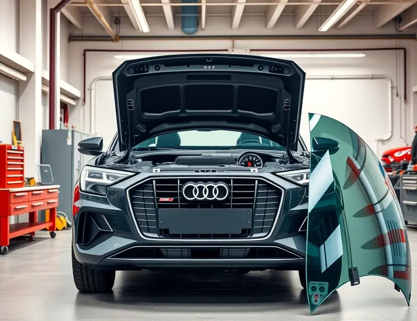 A high-quality, realistic photo of an Audi Q2 car in a professional auto repair shop with its front windshield removed, showing the empty frame and the interior dashboard, with a new windshield leaning against a workbench nearby, bright studio lighting, clean environment, no people, no text, no logos