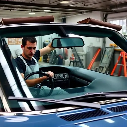 A detailed interior view of a BMW 5er E34 3.5L with a mechanic in a garage replacing the front windshield. The mechanic is wearing a protective apron, holding a windshield wiper, and a new glass panel is being positioned. The car's dashboard, steering wheel, and rearview mirror are visible. The garage has a workbench, tools, and a car jack. The scene is well-lit, showing the car's chrome trim and the new glass panel's reflective surface.