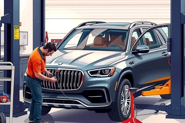 A detailed illustration of a mechanic replacing the windshield of a Maybach GLS 600 4.0 V8 Twin Turbo MHEV 55. The scene shows the car on a lift, the old windshield removed, the new windshield being installed, with tools and safety gear. The background is a clean, organized workshop environment.