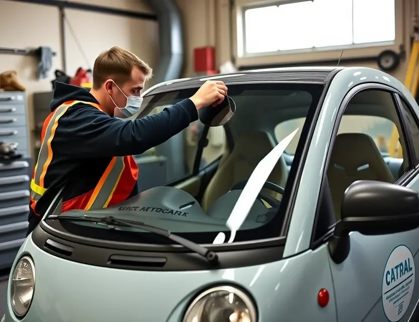 Замена лобового стекла Microcar M.Go A professional mechanic replacing the windshield of a Microcar M.Go, showing the process step-by-step with tools and safety equipment in a well-lit garage