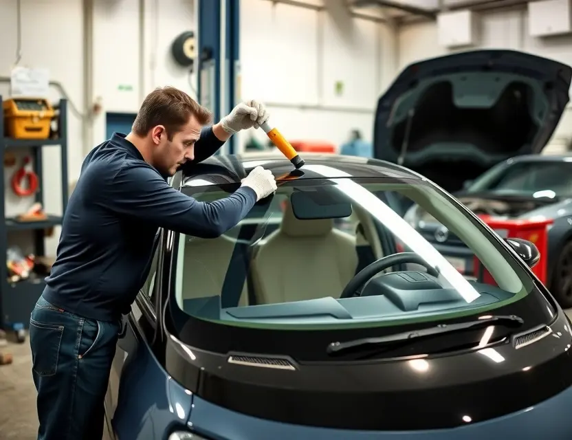 Замена лобового стекла Li Auto L8 A professional technician replacing the windshield of a Li Auto L8 electric vehicle. The scene should include the car with its hood open, the technician wearing safety gloves and using specialized tools to carefully remove the old windshield and install the new one. The setting should be a well-lit auto repair shop with various automotive tools and equipment in the background.