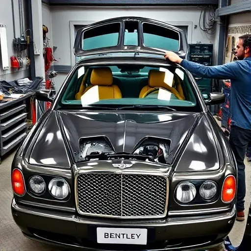 A detailed workshop scene showing a mechanic replacing the windshield of a Bentley Arnage 4.4L V8 car. The car is partially opened, the old windshield is removed, a new clear glass panel is being fitted. The setting includes a workbench, tools, a safety harness, and a clear view of the car's front. The image focuses on the mechanical process with realistic lighting and a slightly blurred background to emphasize the task.
