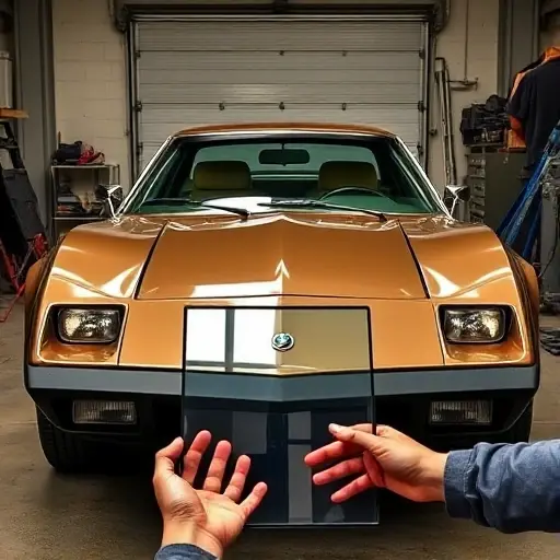 A 1974 Bricklin SV1 sports car in a garage, front view with the windshield removed and a new windshield being installed, mechanic's hands holding a glass panel and tools, realistic lighting, detailed metal and glass textures