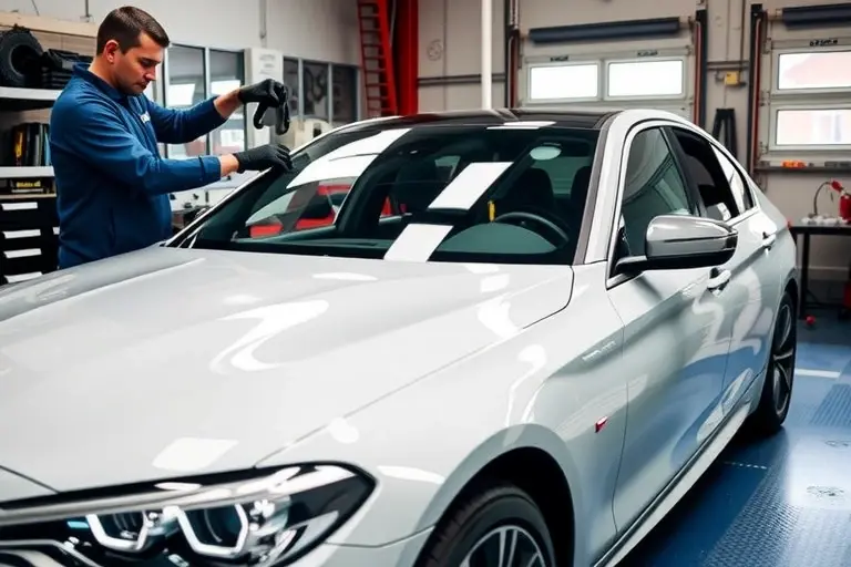 A realistic scene of a mechanic replacing the windshield on an Alpina D5 S 3.0 R6 Diesel Tri Turbo car, showing the car positioned in a workshop with the old windshield removed and a new glass ready to be installed, tools and protective gear visible, clean lighting and detailed focus on the car body and glass.