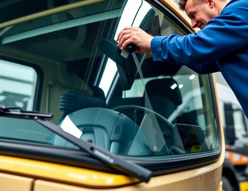 A close-up shot of a Kamaz 65115 truck windshield being replaced by a mechanic. The focus is on the replacement process, showing tools and the new windshield. The background is a workshop setting with other trucks partially visible.