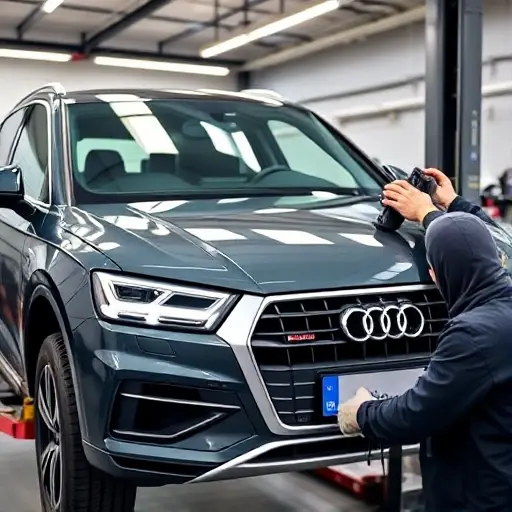 A detailed close-up of a mechanic replacing the windshield on an Audi Q5 PHEV 2.0 TFSI, showing the car on a lift, the old windshield being removed, the new windshield being installed, with tools and a clean, professional workshop setting.