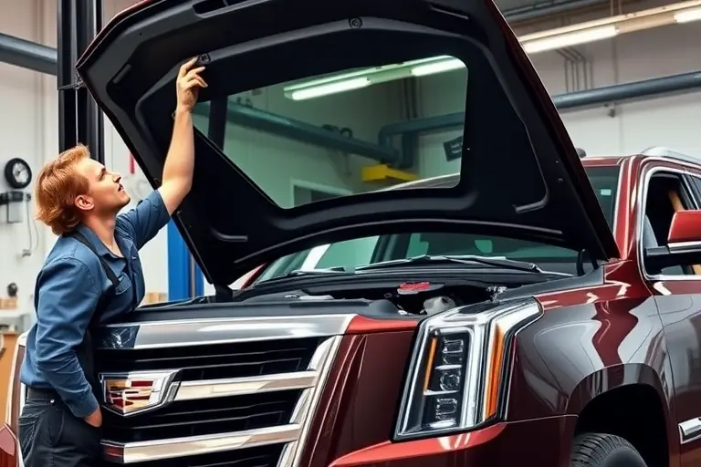 A professional mechanic replacing a windshield on a Cadillac Escalade in a modern auto repair shop, the hood is open revealing the 3.0 Duramax Diesel engine, bright lighting, high detail
