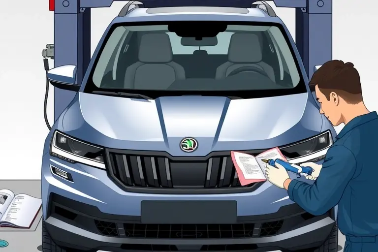 A detailed illustration of a mechanic replacing the windshield on a Skoda Kodiaq 2.0 TDI 150 hp (2016–present). The scene shows the car on a lift or in a garage, the old windshield removed, a new windshield being installed, tools such as a suction cup, a sealant gun, a cleaning cloth, and a service manual open on a table. The focus is on the car's front, the windshield area, and the mechanic's hands. The background is a clean workshop with subtle lighting. No text or lettering should be present.
