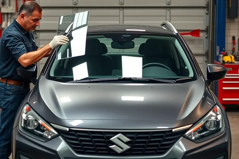 A mechanic in a garage is replacing the windshield of a Suzuki S Cross 1.4 Turbo 129 hp (2021 model). The mechanic, wearing gloves, holds a new windshield while the old one is removed. The car’s front is open, showing the windshield frame and the new glass being installed. The scene captures the garage environment, tools, and the vehicle’s front profile without any text or lettering.