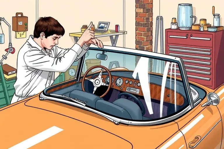 A detailed illustration of a Hispano Suiza Carmen electric car undergoing windshield replacement, showing a mechanic carefully removing the old glass and installing a new one, with tools and the car's interior visible, in a workshop setting.