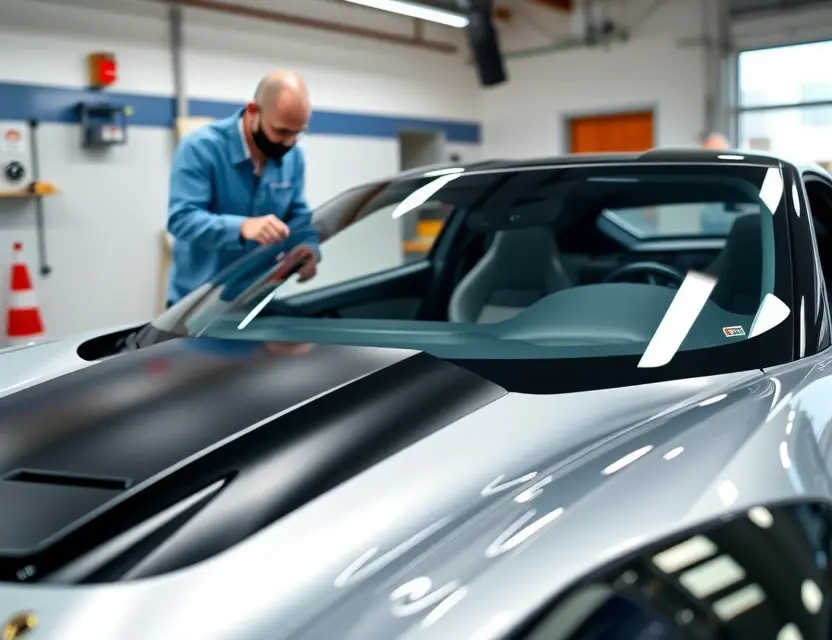 Замена лобового стекла Corvette A high-quality close-up shot of a Chevrolet Corvette with its windshield being replaced by a professional technician in a clean auto glass shop, showing the new glass being carefully aligned on the car frame, bright studio lighting, sharp focus on the vehicle's sleek body and the installation process, realistic automotive photography